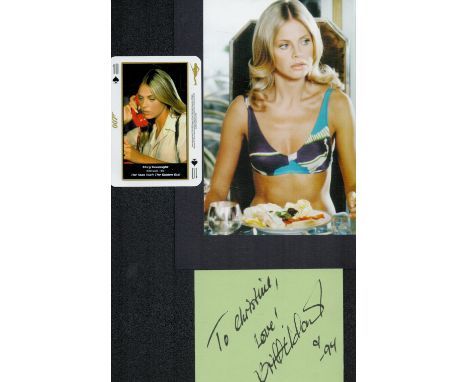 James Bond. Britt Ekland Signed Signature Card. Dedicated. With 007 Playing Card. Image of Ekland Affixed to Black Card. Good