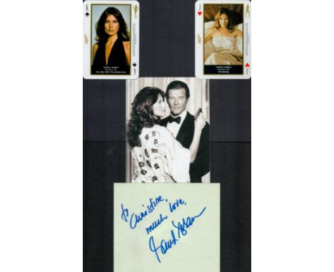 James Bond. Maud Adams (Andrea Anders) Signed Signature Card. Dedicated. Included is Two Maud Adams Playing Cards Affixed to 
