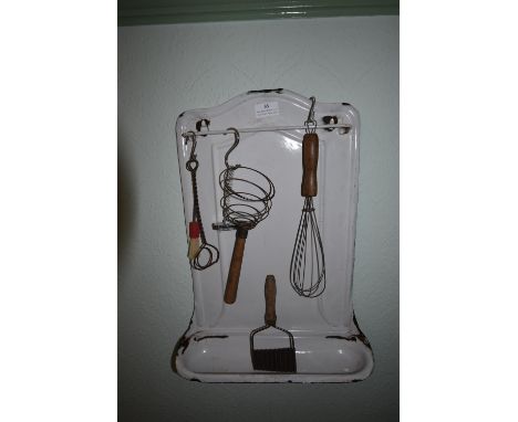 White Enamel Utensil Rack and Contents 