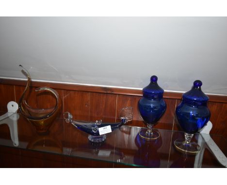 Vintage Decorative Blue Glass Vases with Lids, Murano Gondola, and Swirly Vase 