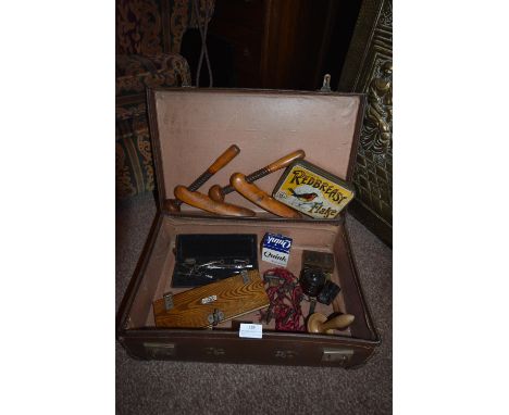 Vintage Suitcase Containing Shoe Stretchers, Bakelite Light Fittings, Drawing Set, etc. 