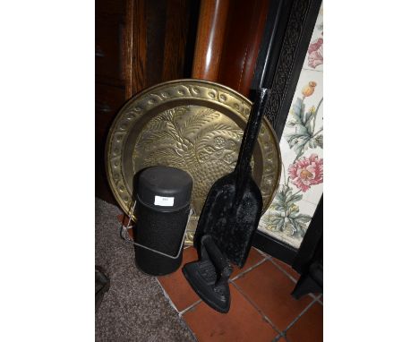 Coal Shovel, Flat Iron, Copper Tray, and a Flask 