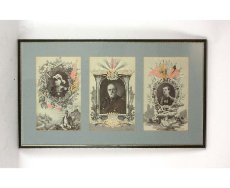 A First World War woven tryptic picturing French commander Joffre, Joseph Jacques Cesaire, Sir John Denton Pinkstone, command