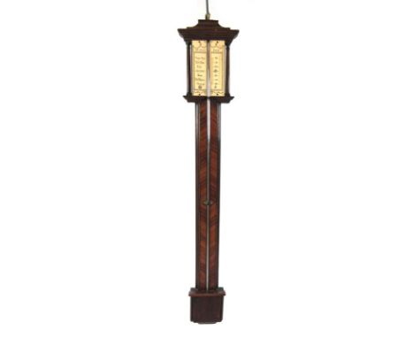 An 18th century and later mahogany and tulipwood stick barometer, h. 97 cm CONDITION REPORT: Later paper scale and plastic pr