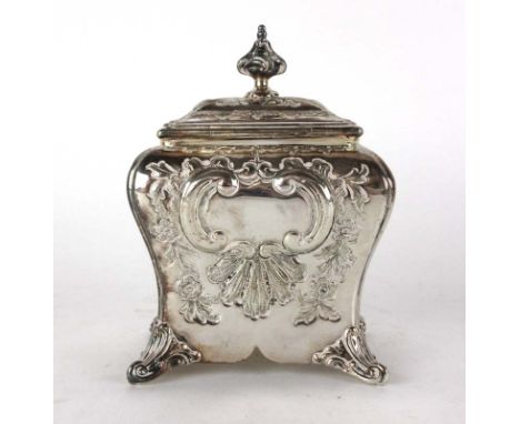 A George III style silver plated tea caddy of bombe form with chased foliate and shell decoration . h. 15 cm CONDITION REPORT