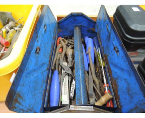 A metal cantilever tool box and contents 