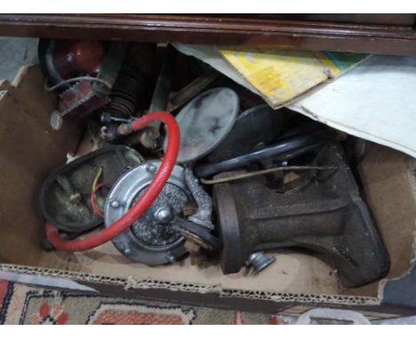 A selection of garage and car parts including 50's style light sets