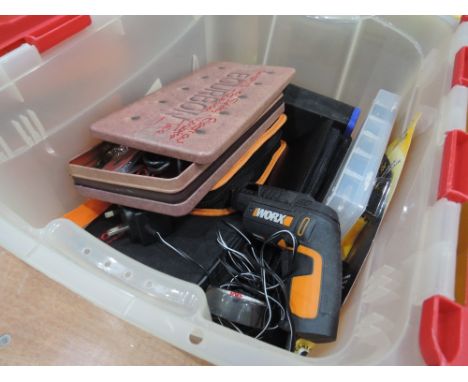 A selection of tools including Worx glue gun
