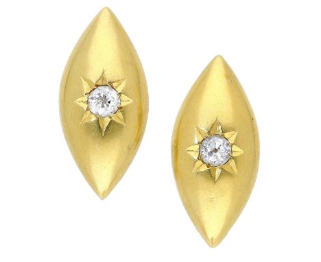 A pair of 19th century diamond earrings, the navette-shaped mounts set with an old brilliant-cut diamond, mounted in gold wit