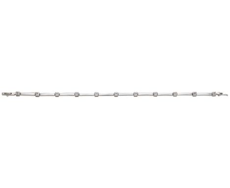 A diamond set bracelet, the articulated bracelet composed of polished links spaced by bezel-set brilliant-cut diamonds, total