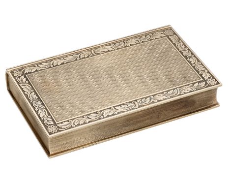 A 9ct gold box modelled as a book, the covers with engine-turned decoration within chased foliate and decorative borders and 