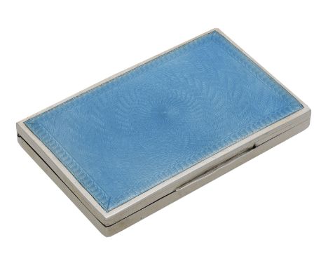 A silver and turquoise enamel box, of rectangular form, the hinged lid decorated with pale blue guilloché enamel, the gilt in