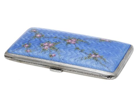 A Continental silver and enamel cigarette case, circa 1900, the cover decorated with blue guilloché enamel with sprays of pin
