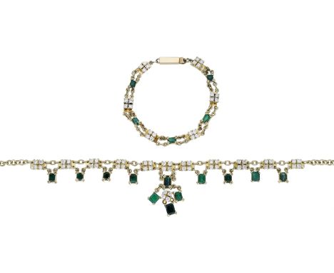 An emerald and diamond necklace and bracelet suite, the cable-link chain leading to a series of brilliant-cut diamond cluster