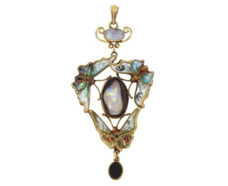 An Arts and Crafts enamel and opal pendant by James Cromar Watt, circa 1905, of organic design, the central opal matrix colle