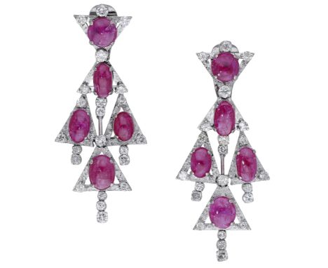 A pair of synthetic ruby and diamond ear clips, of chandelier design, set with oval synthetic ruby cabochons within triangula