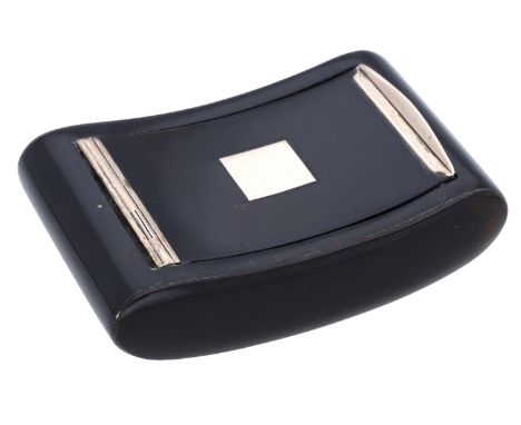 A Georgian gold mounted tortoiseshell snuff box, of bowed rectangular form, centred with an applied gold square vacant reserv