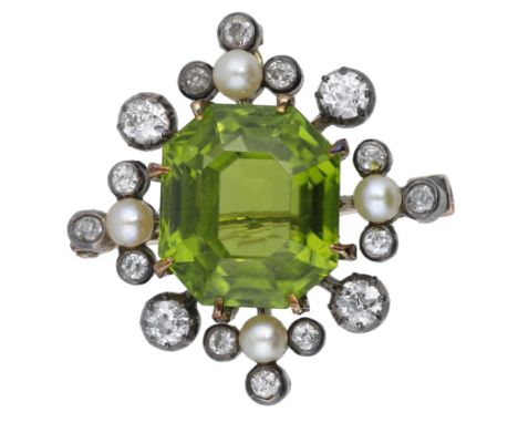 A late 19th century peridot, diamond and seed pearl brooch, the step-cut peridot claw-set within a surround of graduated old-