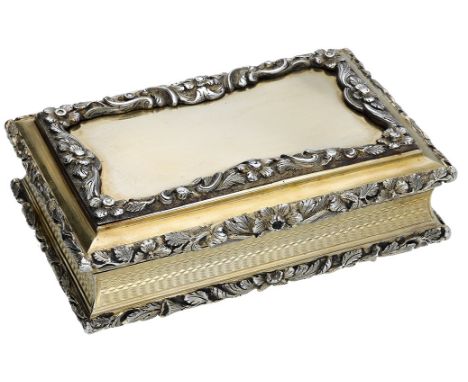 A William IV silver gilt snuff box by Nathaniel Mills, the hinged cover edged with applied chased foliate border, with concav