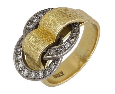 An 18ct gold and diamond buckle ring by Ben Rosenfeld Ltd, 1972, designed as two single-cut diamond hoops with textured gold 