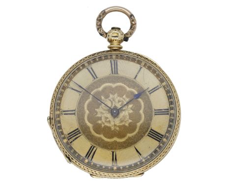 Swiss. A gold open-faced watch, circa 1860. Movement: cylinder escapement. Dial: gilt, Roman numerals, engraved with floral m