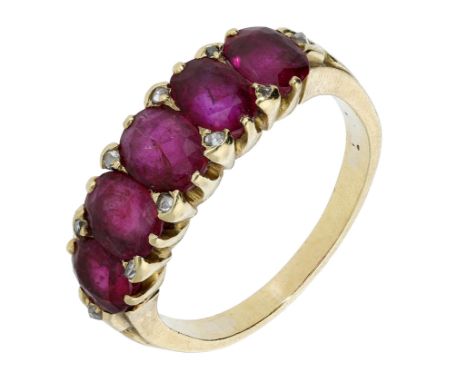 A five stone ruby ring, the oval mixed-cut rubies spaced by diamond points, gold mounted, ring size P-Q.   £500-£700  ---  Ac