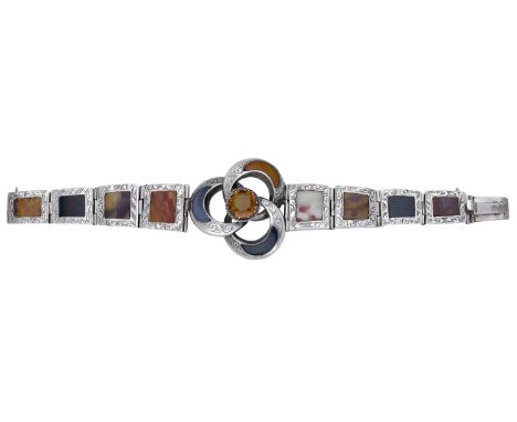 A 19th century Scottish hardstone bracelet, set throughout with agate plaques, the Celtic knot motif centred with a circular-
