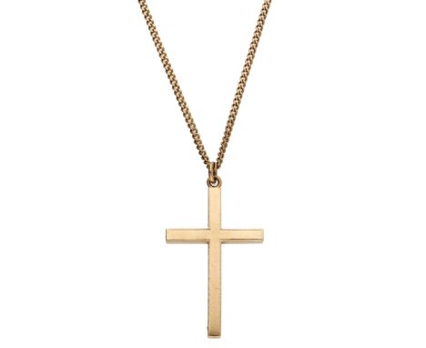 A 9ct gold cross pendant on chain, the plain polished cross suspended on a 9ct gold curb-link chain, London hallmarks for 197