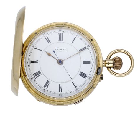 M. J. Russell, London. A gold hunting cased keyless watch with start/stop centre seconds, 1908. Movement: gilded three quarte