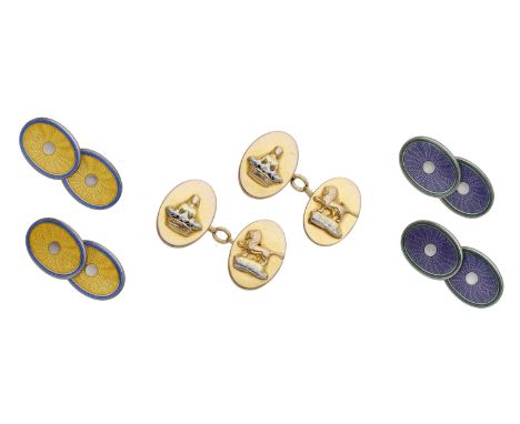 Three pairs of cufflinks, comprising an 18ct gold pair by Tiffany & Co., the oval panels applied with crown and lion, with ch