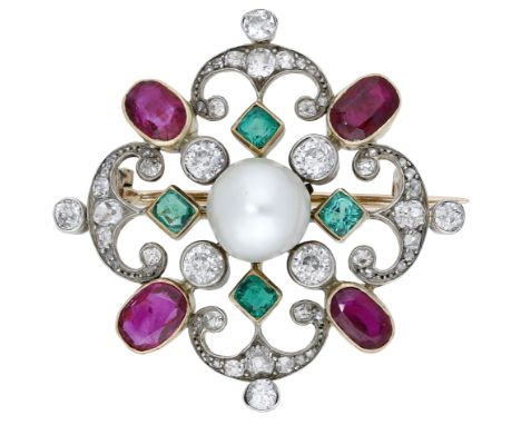 A late 19th century gem-set brooch, French, the openwork quatrefoil set with a central natural pearl, measuring approximately