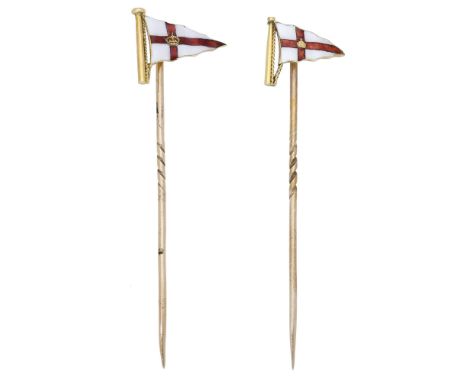 Two Royal Yacht Squadron burgee stickpins, each with polychrome enamel decoration, the first stamped ‘18CT’, the second small