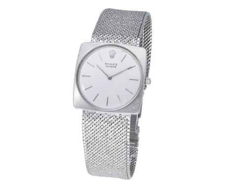 Rolex. A gold cushion-form bracelet watch, circa 1970. Movement: cal. 1600, manual winding. Dial: silvered, applied baton ind