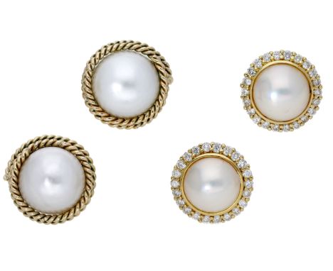 Two pairs of cultured mabé pearl earrings, with ropetwist and brilliant-cut diamond borders respectively, total diamond weigh