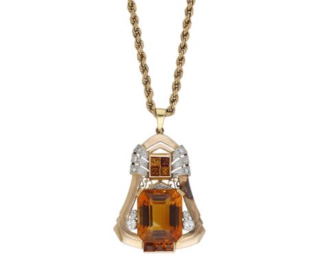 A citrine and diamond set pendant, circa 1940, of sculptural design, set with step-cut citrines and circular-cut diamonds, co