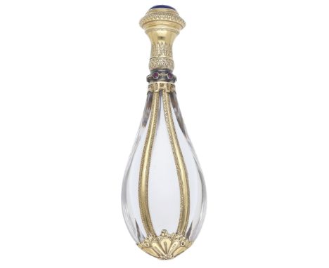 A French gold mounted and ruby set glass perfume bottle, last quarter, 19th century, the pear-shaped body with vertical bands