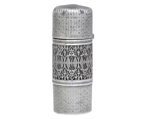A French silver cylindrical scent bottle, early 20th century, engine-turned and with a central decorative band of geometric m