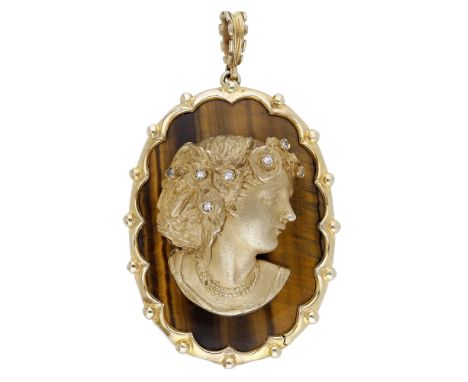 A tiger’s eye and diamond-set pendant, the tiger’s eye ground with applied profile of a lady, her floral headdress with singl