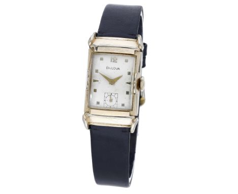 Bulova. A gold plated rectangular wristwatch, circa 1940. Movement: cal. 7AA, manual winding, 21 jewels. Dial: silvered, appl