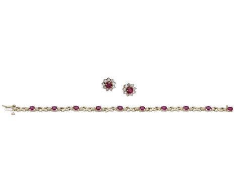 A ruby and diamond bracelet and earrings, the articulated fancy-link bracelet set throughout with oval mixed-cut rubies and s