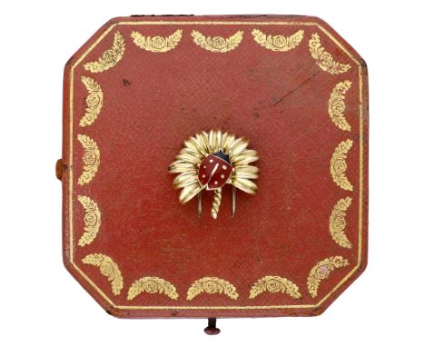 A gold and enamelled ladybird clip brooch, by Cartier, circa 1940, the ladybird applied to a multi-petal flowerhead, with twi