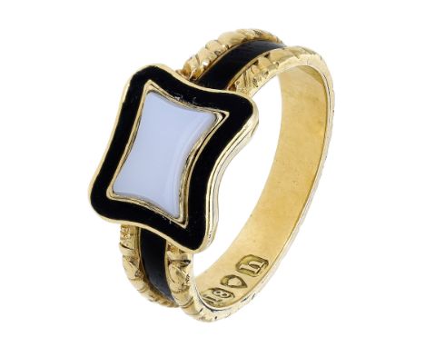 An 18ct gold and hardstone memorial ring, 1823, set with a hardstone panel, with black enamel and chased gold decoration, the