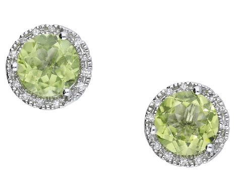 A pair of peridot and diamond cluster ear studs, the circular-cut peridots claw-set within surrounds of single-cut diamonds, 