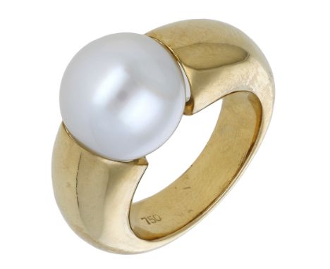 A cultured pearl dress ring, the tapering bombé band set with a cultured pearl, measuring approximately 12  x 11.5mm, stamped