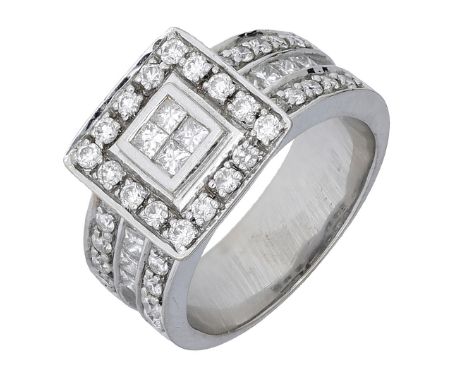 A diamond panel ring by Iliana, centred with four princess-cut diamonds, without outer border of brilliant-cut diamonds, the 