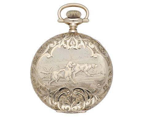 Elgin. A gold hunting cased keyless watch with engraved scene of gun dogs, circa 1911. Movement: lever escapement, 15 jewels,