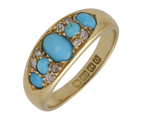 A Victorian 18ct gold turquoise and diamond ring, 1863, of boat-shaped design, the cabochon turquoise spaced by pairs of old-