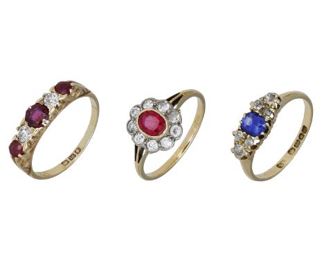 Three gem-set rings, comprising a five stone ruby and diamond ring, in scroll gallery setting, 18ct gold mounted, a synthetic