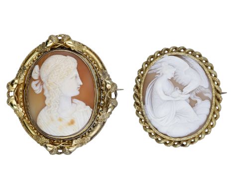 Two 19th century shell cameo brooches, the first carved to depict a classical female in profile, within swivel fitting, the r