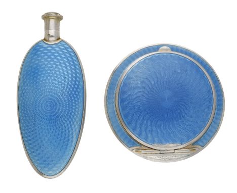 An early 20th century matched Austrian silver and enamel scent flask and compact, the silver gilt flask of ovoid form, with s